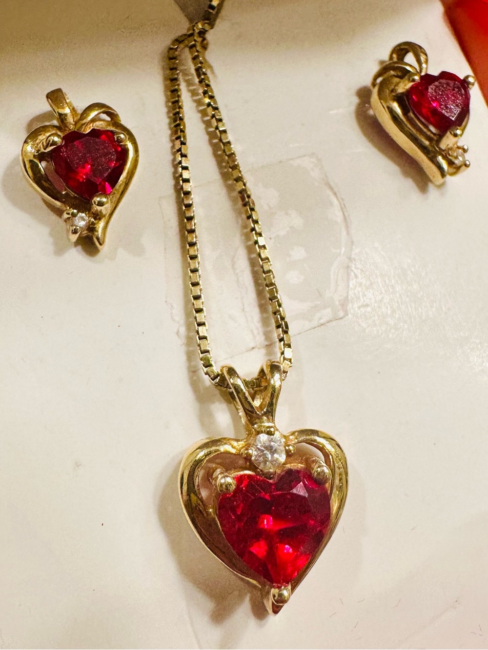 10K Gold Heart Ruby Diamond earrings necklace 10K gold diamond ruby pendant set - Picture 8 of 8